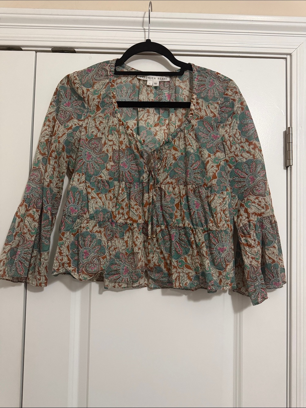 Veronica Beard Teal, Tan and Pink Paisley Tiered Blouse